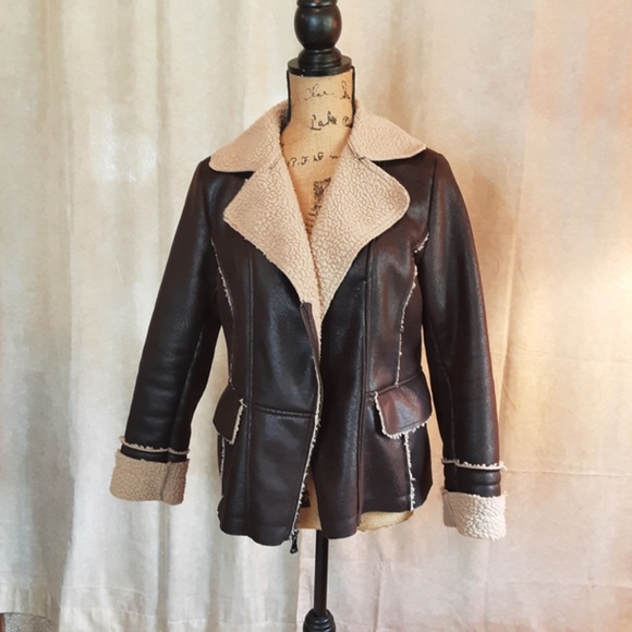 Women's Sherpa Lined Aviator Jacket Brown Faux Suede Sz S - Picture 2 of 14